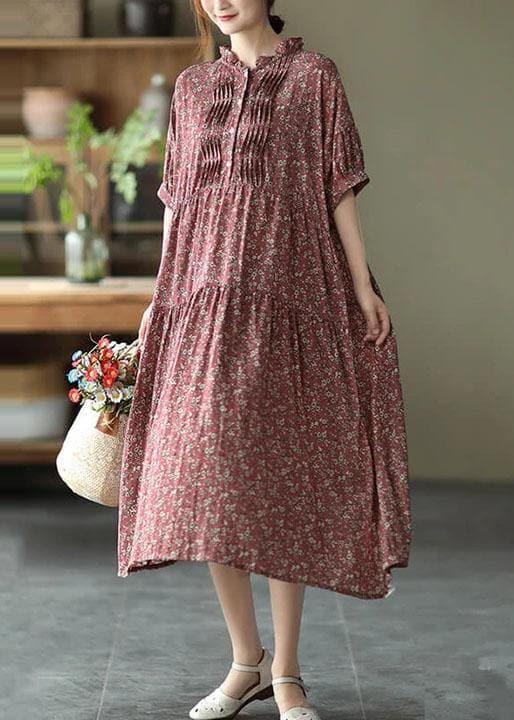 Green Cotton Linen Women Floral Pleated Breasted Short Sleeve Dress