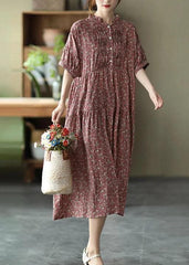 Green Cotton Linen Women Floral Pleated Breasted Short Sleeve Dress