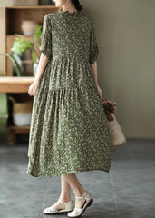 Green Cotton Linen Women Floral Pleated Breasted Short Sleeve Dress