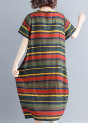 Green Striped Cotton Holiday Dress Pockets Short Sleeve