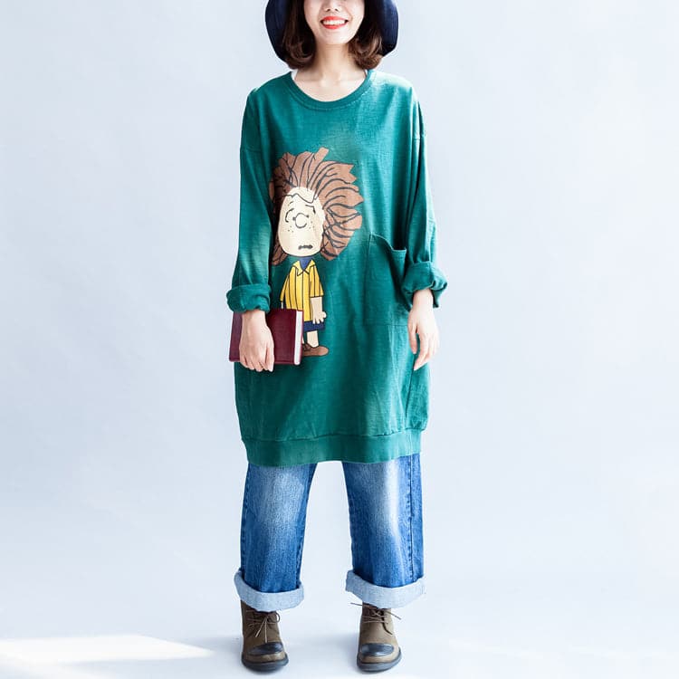 Robe sweat oversize à imprimé vert, robe droite en coton, pull