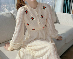 Women Korea Style Slim Embroidery Wool Knitting Sweater Maxi Dress