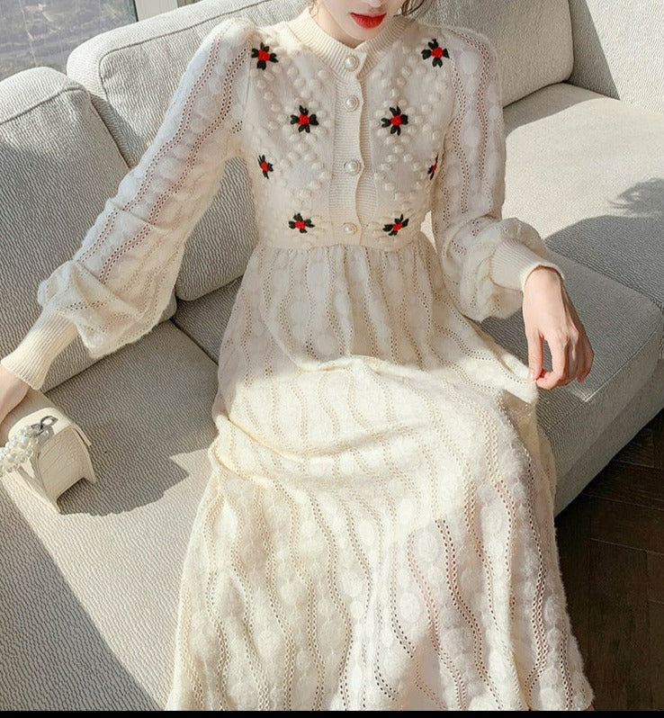 Women Korea Style Slim Embroidery Wool Knitting Sweater Maxi Dress