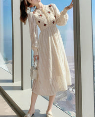 Women Korea Style Slim Embroidery Wool Knitting Sweater Maxi Dress