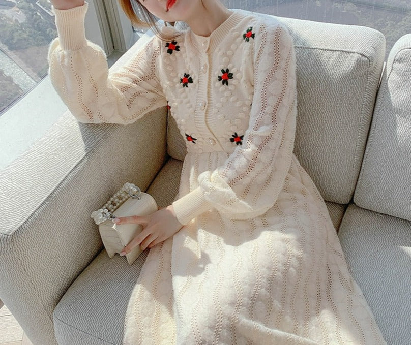 Women Korea Style Slim Embroidery Wool Knitting Sweater Maxi Dress