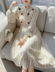 Women Korea Style Slim Embroidery Wool Knitting Sweater Maxi Dress