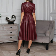 Women Vintage A Line Leather Short Sleeve O Neck Dress