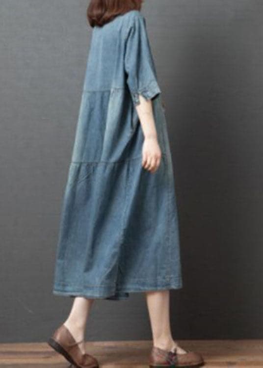 Handmade Blue V Neck Button Patchwork Fall Denim Half Sleeve Maxi Dress