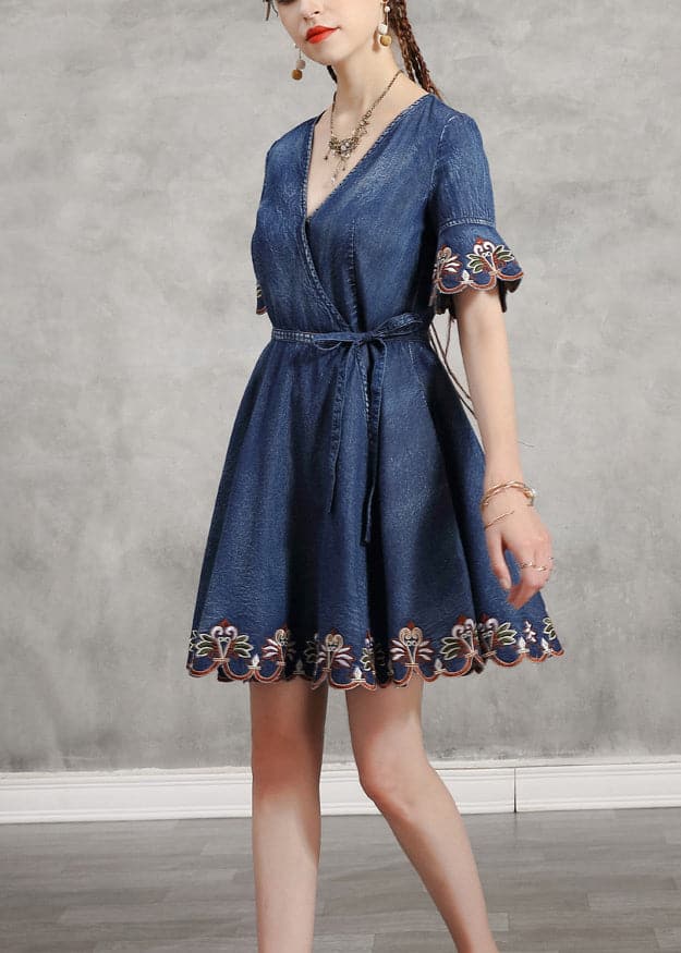 Handmade Denim Blue V Neck Embroideried Tie Waist Cotton Mini Dresses Short Sleeve