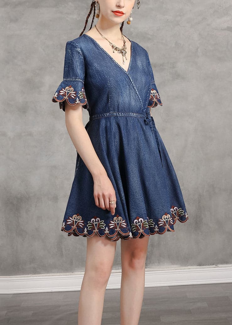 Handmade Denim Blue V Neck Embroideried Tie Waist Cotton Mini Dresses Short Sleeve