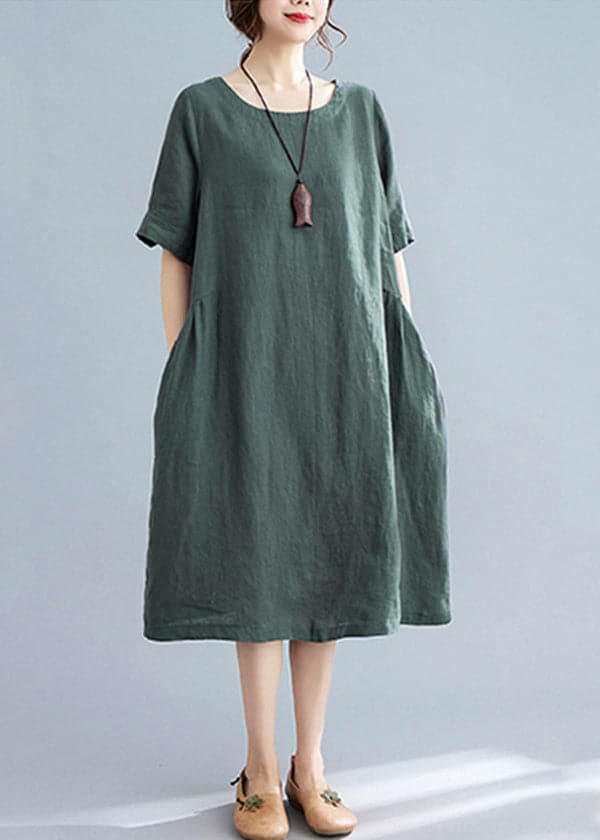 Handmade Green Solid Wrinkled Linen Vacation Dresses Short Sleeve