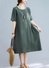 Handmade Green Solid Wrinkled Linen Vacation Dresses Short Sleeve