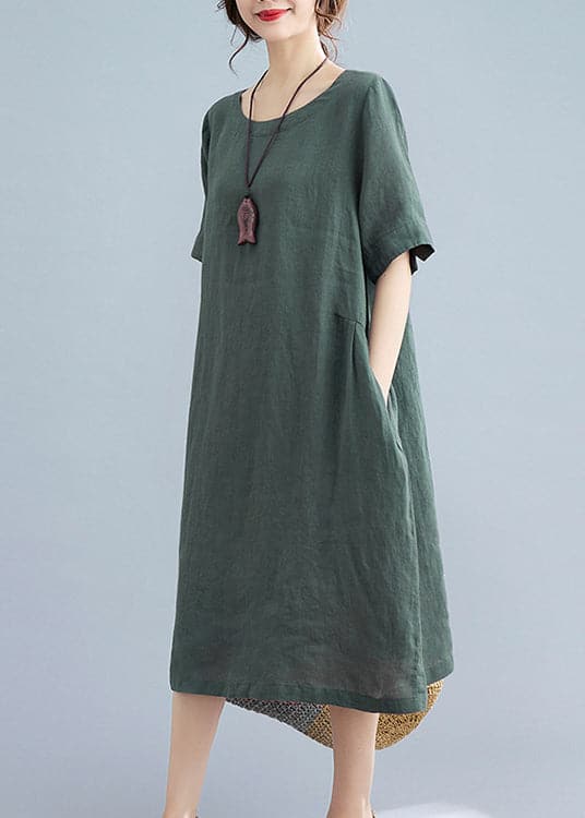 Handmade Green Solid Wrinkled Linen Vacation Dresses Short Sleeve