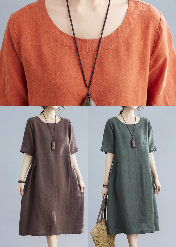 Handmade Green Solid Wrinkled Linen Vacation Dresses Short Sleeve