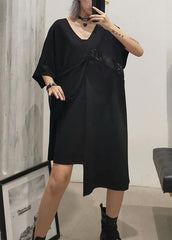 Handmade black Cotton clothes v neck Sequined tunic summer Dress