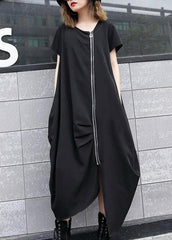 Handgemachtes schwarzes asymmetrisches Longshirts aus Baumwolle mit Reißverschluss langes Sommerkleid