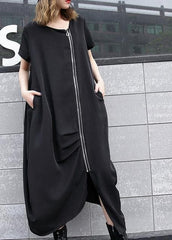 Handgemachtes schwarzes asymmetrisches Longshirts aus Baumwolle mit Reißverschluss langes Sommerkleid