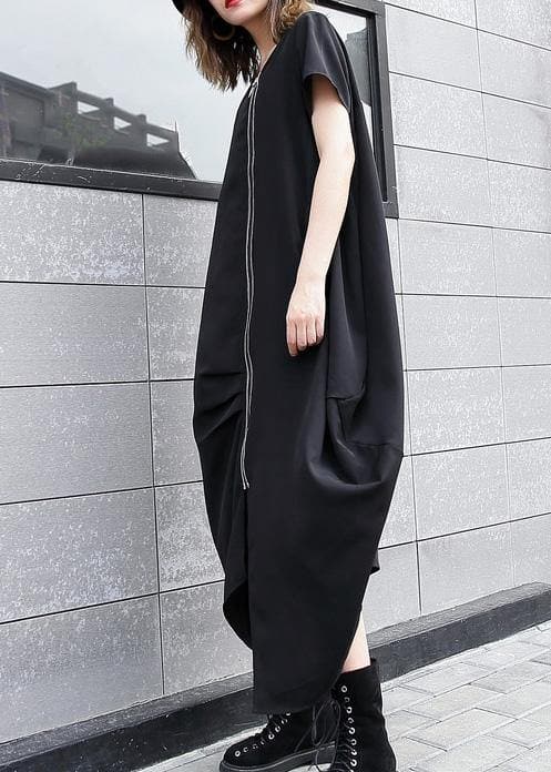 Handgemachtes schwarzes asymmetrisches Longshirts aus Baumwolle mit Reißverschluss langes Sommerkleid