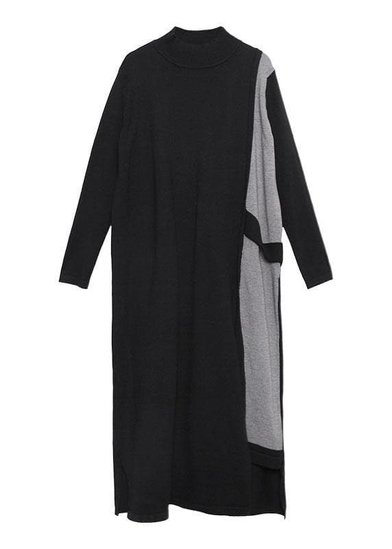 Handgemachte schwarze Patchwork-Baumwollkleider asymmetrische Robe Herbstkleider