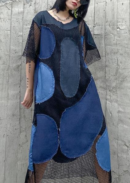 Handmade blue clothes patchwork tulle A Line Dress