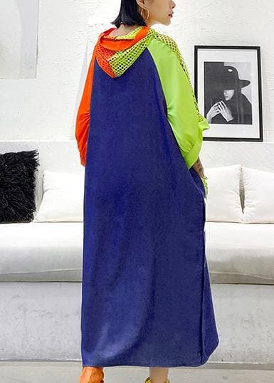 Handgemachte blaue Baumwollkleidung mit Kapuzentaschen Plus Size Sommerkleid