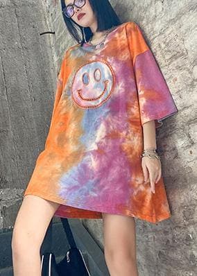 Handmade orange Tie Dye Dresses Oversize o neck half sleeve baggy Dresses