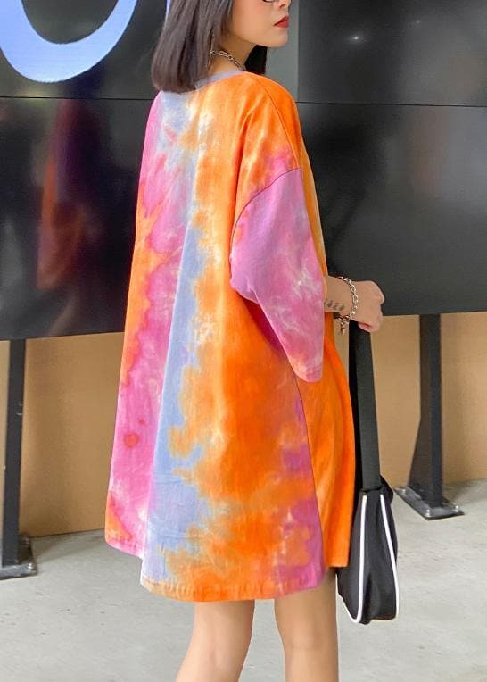 Handmade orange Tie Dye Dresses Oversize o neck half sleeve baggy Dresses