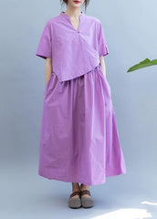 Robe violette faite main en patchwork à col en V