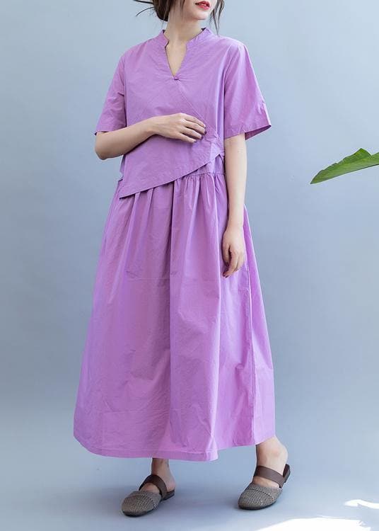 Robe violette faite main en patchwork à col en V