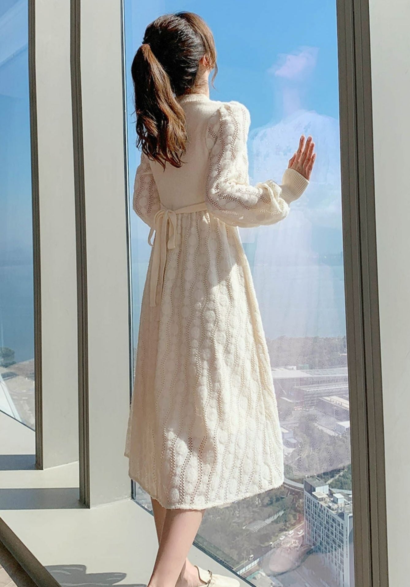 Women Korea Style Slim Embroidery Wool Knitting Sweater Maxi Dress