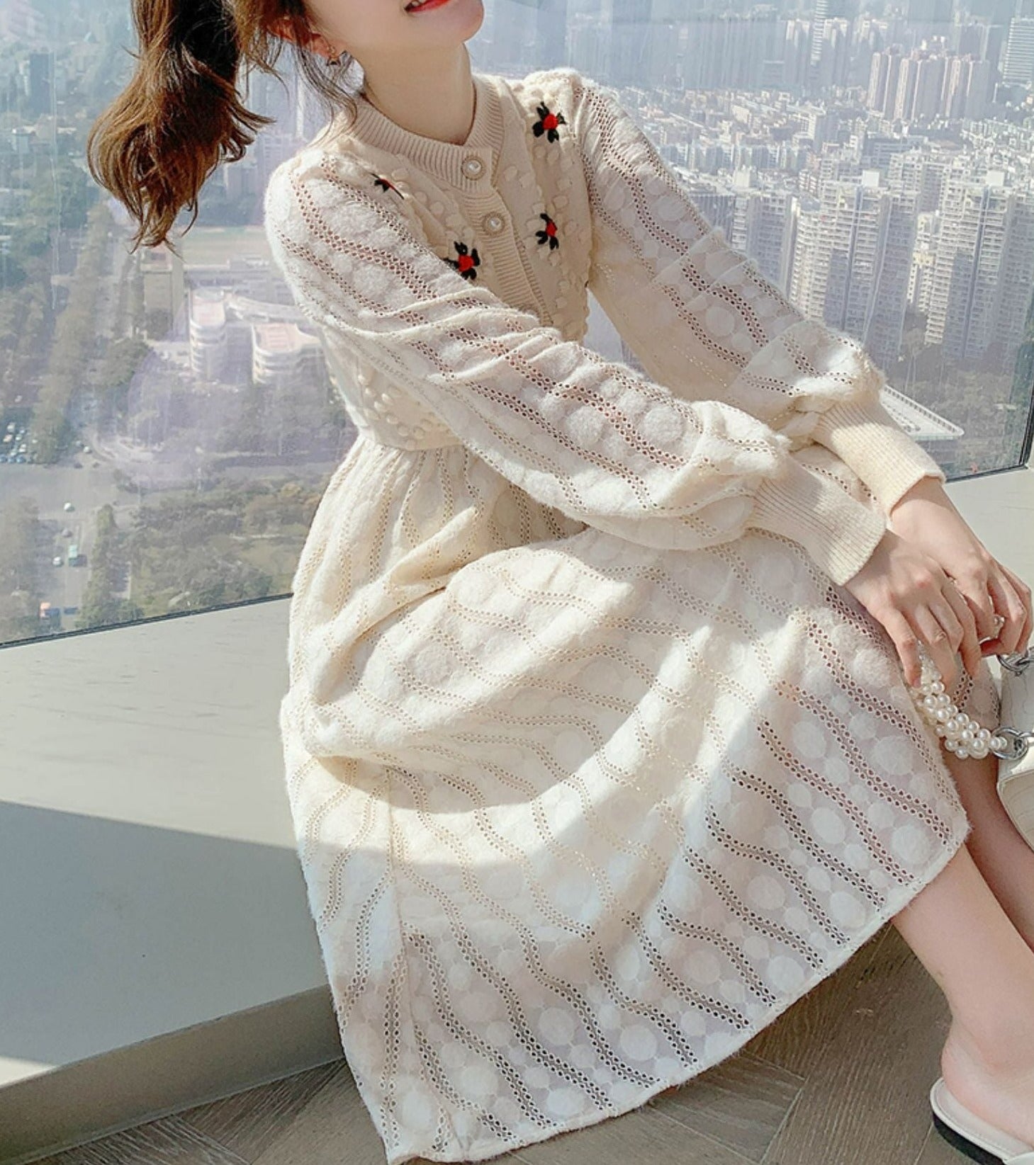 Women Korea Style Slim Embroidery Wool Knitting Sweater Maxi Dress