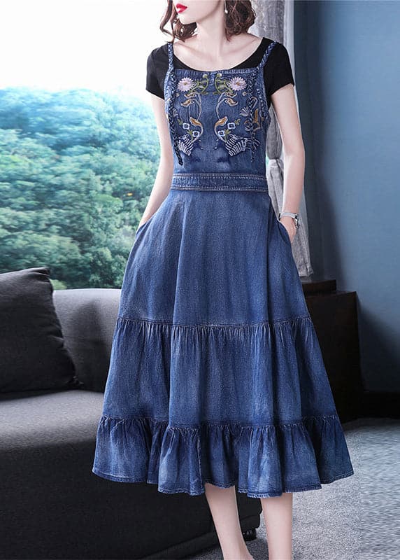 Italian Blue Embroideried Zippered Ruffles Cotton Denim Spaghetti Strap Dress Summer