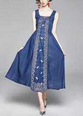 Italian Denim Blue Embroideried Wrinkled Cotton Vacation Strap Dresses Sleeveless