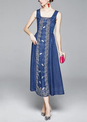 Italian Denim Blue Embroideried Wrinkled Cotton Vacation Strap Dresses Sleeveless