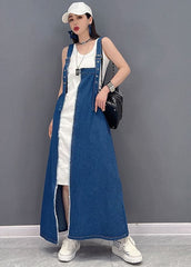 Italian Denim Blue Patchwork Cotton Fake Two Piece Strap Dresses Summer