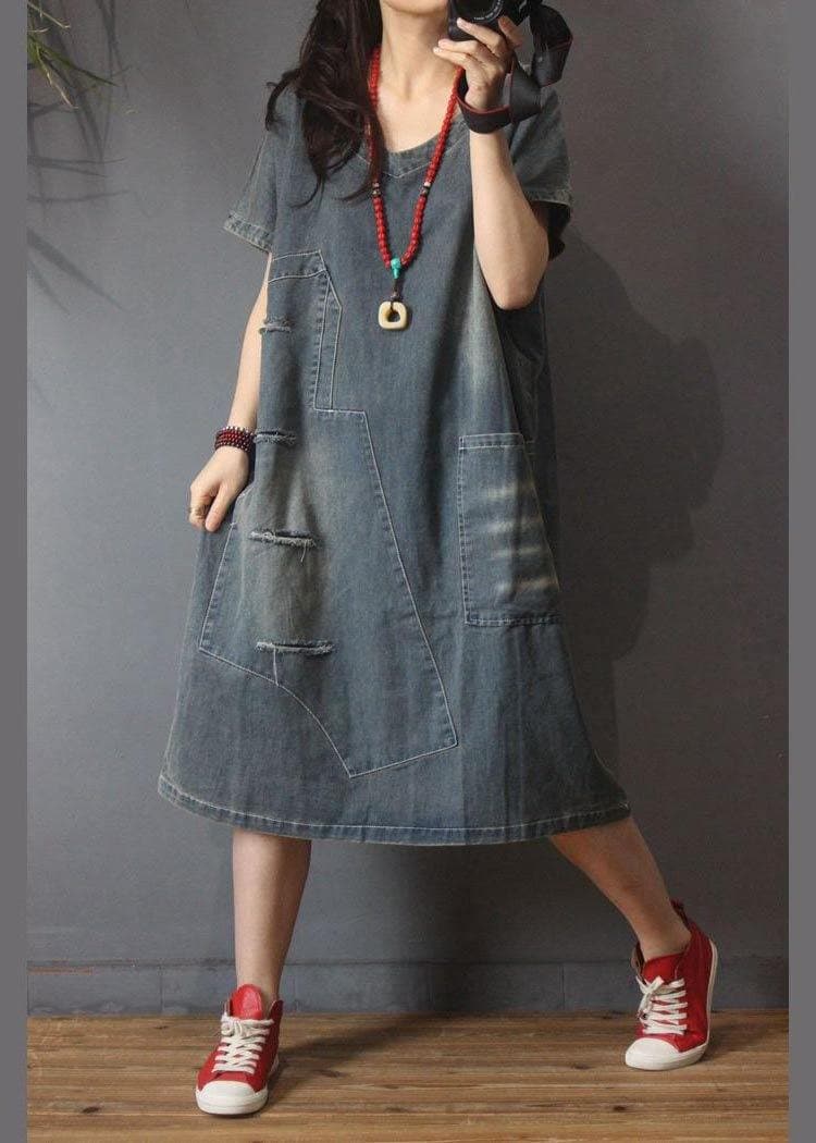 Italian Denim Hole Cotton asymmetrical design Summer Long Dress