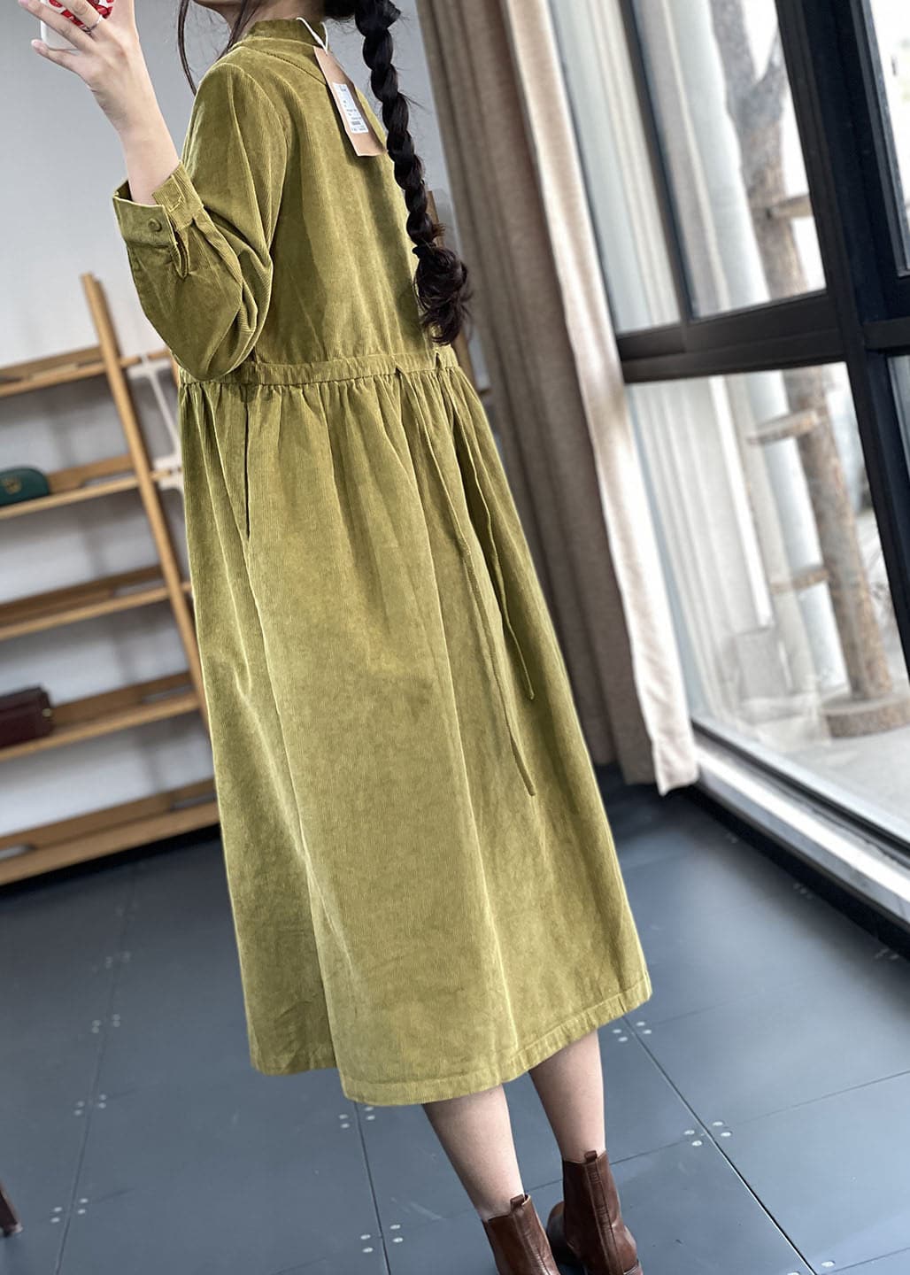 Italian Green Stand Collar Patchwork Corduroy Dress Winter