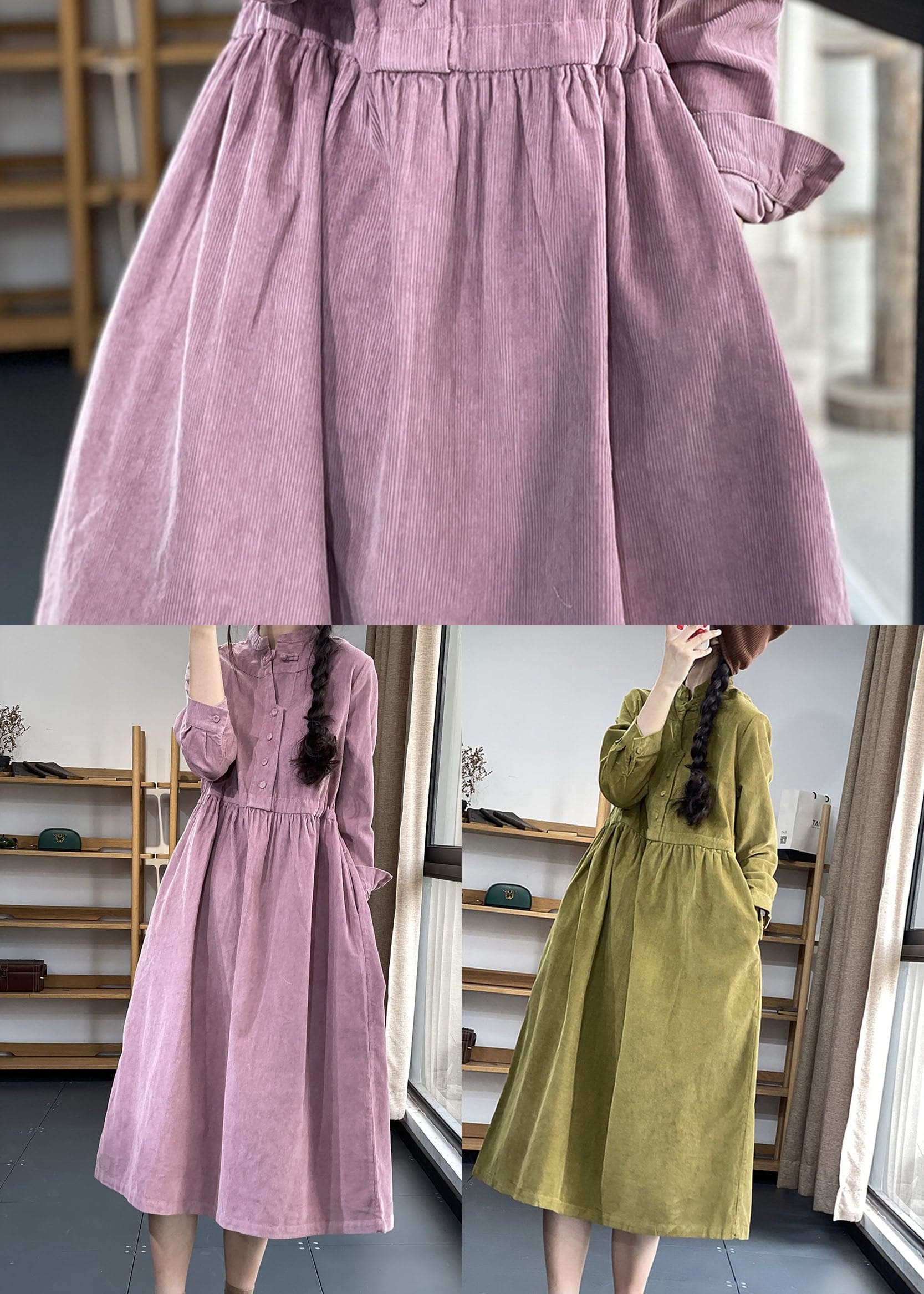 Italian Green Stand Collar Patchwork Corduroy Dress Winter