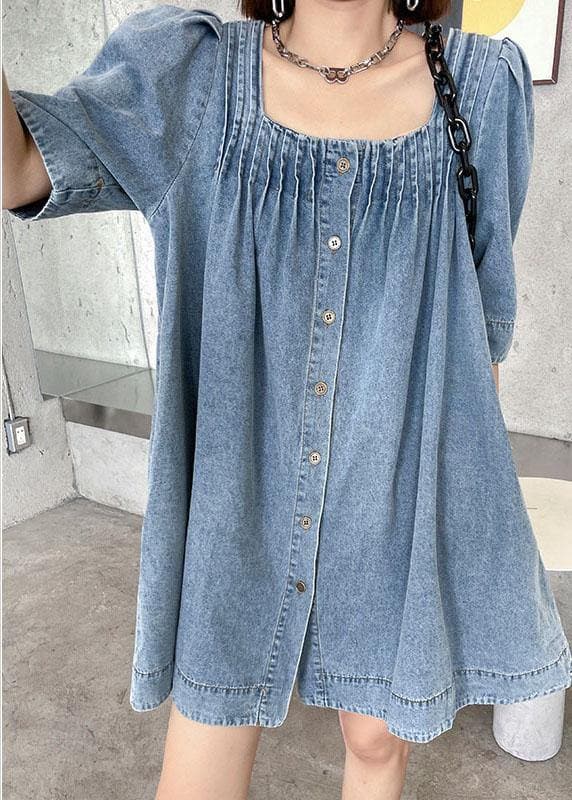 Italian Light Blue Square Collar Button Denim Summer Mini Dress