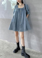 Italian Light Blue Square Collar Button Denim Summer Mini Dress