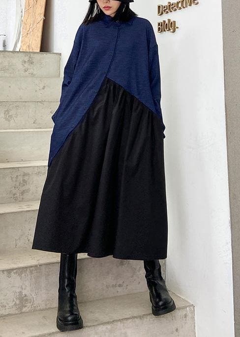 Italienisches schwarzes Patchwork-blaues Kleid für Damen mit Revers, übergroßes Kleid