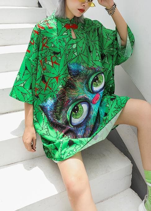 Italian lapel half sleeve Cotton clothes Runway green print Dress summer