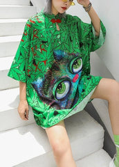 Italian lapel half sleeve Cotton clothes Runway green print Dress summer