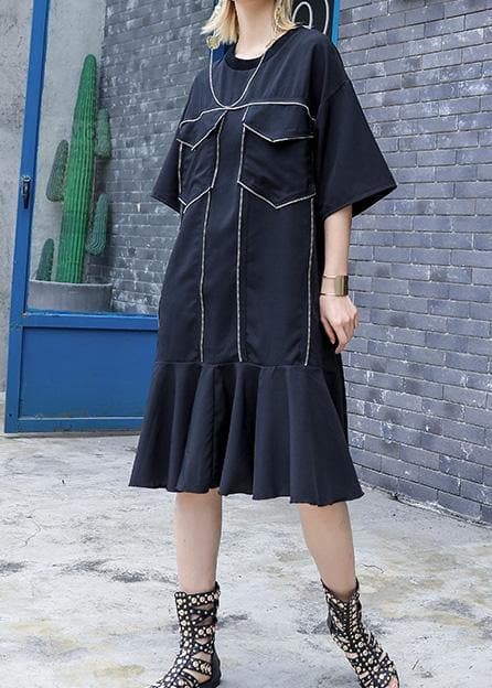 Robe italienne à col rond et volants en soie et coton Vintage Wardrobes Robe ample noire d'été