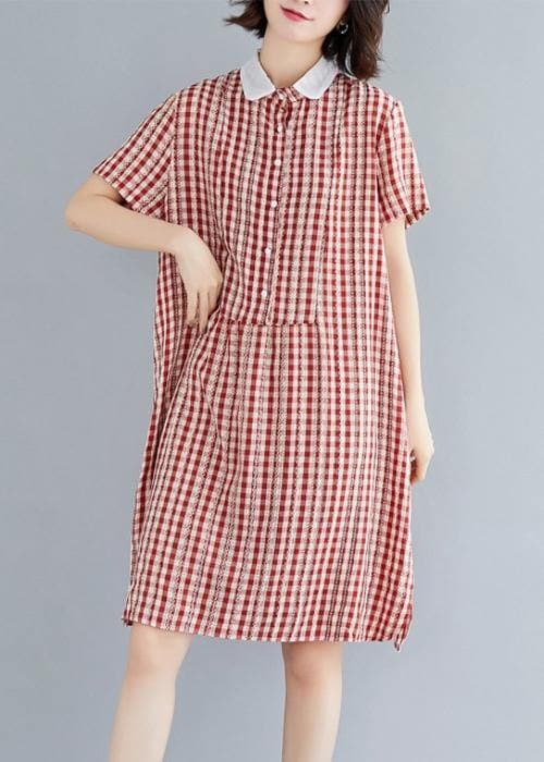 Italian red plaid Cotton Tunics Peter pan Collar Knee summer Dress