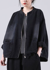 Manteau ample à manches longues en denim noir avec poches zippées et patchwork