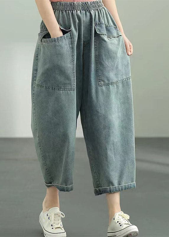 Lose Dunkelblau Elastische Taille Übergroße Große Taschen Baumwolle Denim Haremshose Sommer