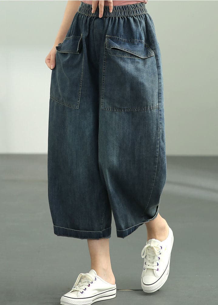 Lose Dunkelblau Elastische Taille Übergroße Große Taschen Baumwolle Denim Haremshose Sommer