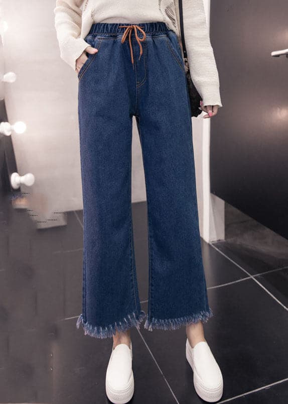 Pantalon ample en denim bleu avec taille élastique et cordon de serrage, poches à pompons, en coton, jambes larges, été