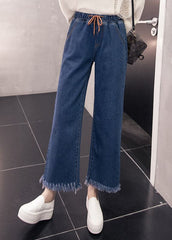 Pantalon ample en denim bleu avec taille élastique et cordon de serrage, poches à pompons, en coton, jambes larges, été